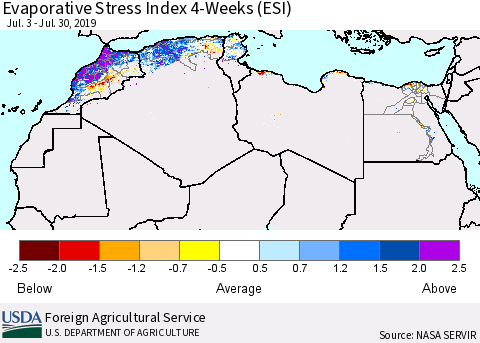 North Africa Evaporative Stress Index (ESI), 4-Weeks Thematic Map For 7/29/2019 - 8/4/2019