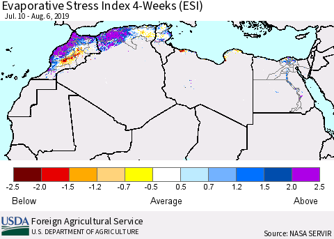 North Africa Evaporative Stress Index (ESI), 4-Weeks Thematic Map For 8/5/2019 - 8/11/2019