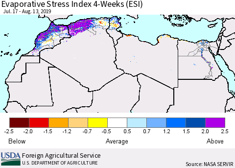 North Africa Evaporative Stress Index (ESI), 4-Weeks Thematic Map For 8/12/2019 - 8/18/2019