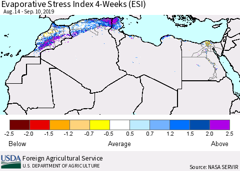 North Africa Evaporative Stress Index (ESI), 4-Weeks Thematic Map For 9/9/2019 - 9/15/2019