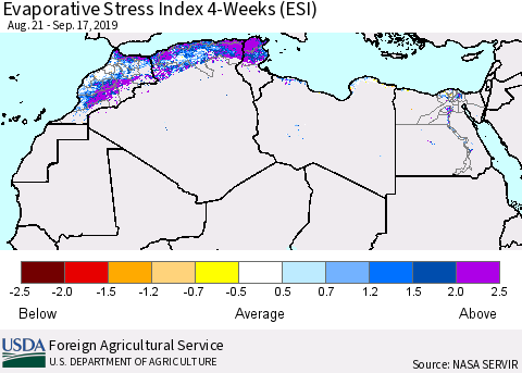 North Africa Evaporative Stress Index (ESI), 4-Weeks Thematic Map For 9/16/2019 - 9/22/2019