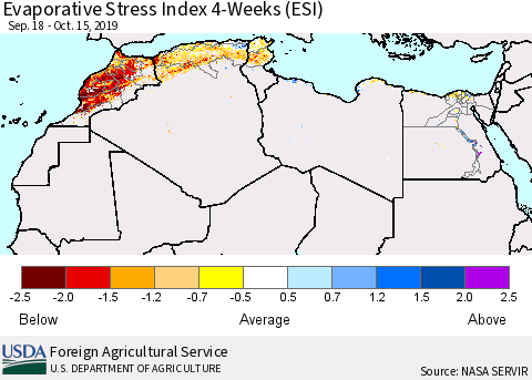 North Africa Evaporative Stress Index (ESI), 4-Weeks Thematic Map For 10/14/2019 - 10/20/2019