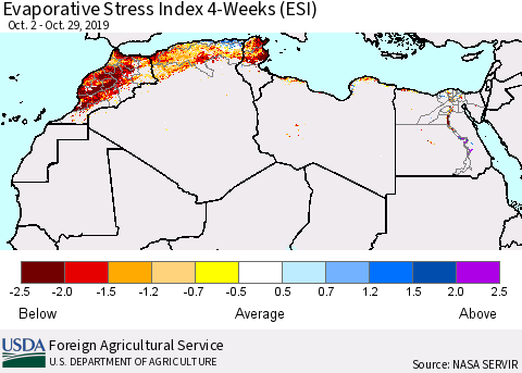 North Africa Evaporative Stress Index (ESI), 4-Weeks Thematic Map For 10/28/2019 - 11/3/2019