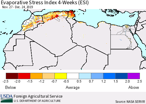 North Africa Evaporative Stress Index (ESI), 4-Weeks Thematic Map For 12/23/2019 - 12/29/2019