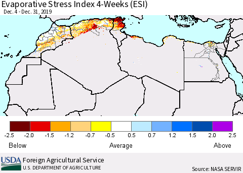 North Africa Evaporative Stress Index (ESI), 4-Weeks Thematic Map For 12/30/2019 - 1/5/2020
