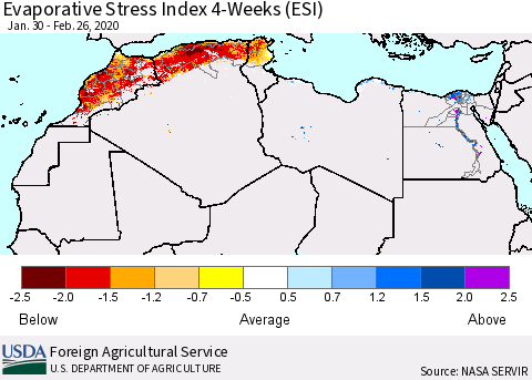 North Africa Evaporative Stress Index (ESI), 4-Weeks Thematic Map For 2/24/2020 - 3/1/2020
