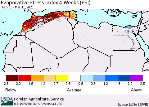 North Africa Evaporative Stress Index (ESI), 4-Weeks Thematic Map For 3/9/2020 - 3/15/2020
