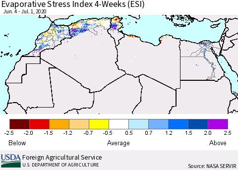 North Africa Evaporative Stress Index (ESI), 4-Weeks Thematic Map For 6/29/2020 - 7/5/2020
