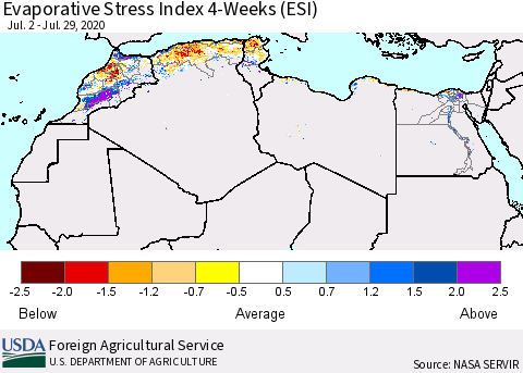 North Africa Evaporative Stress Index (ESI), 4-Weeks Thematic Map For 7/27/2020 - 8/2/2020