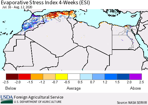 North Africa Evaporative Stress Index (ESI), 4-Weeks Thematic Map For 8/10/2020 - 8/16/2020