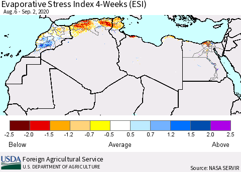 North Africa Evaporative Stress Index (ESI), 4-Weeks Thematic Map For 8/31/2020 - 9/6/2020