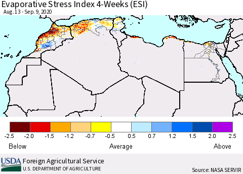 North Africa Evaporative Stress Index (ESI), 4-Weeks Thematic Map For 9/7/2020 - 9/13/2020