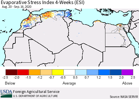 North Africa Evaporative Stress Index (ESI), 4-Weeks Thematic Map For 9/14/2020 - 9/20/2020