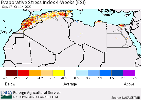 North Africa Evaporative Stress Index (ESI), 4-Weeks Thematic Map For 10/12/2020 - 10/18/2020