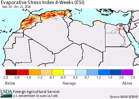 North Africa Evaporative Stress Index (ESI), 4-Weeks Thematic Map For 10/19/2020 - 10/25/2020