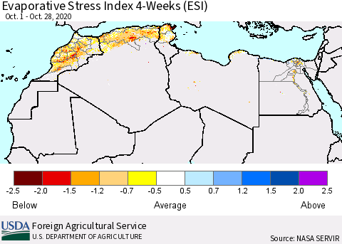 North Africa Evaporative Stress Index (ESI), 4-Weeks Thematic Map For 10/26/2020 - 11/1/2020
