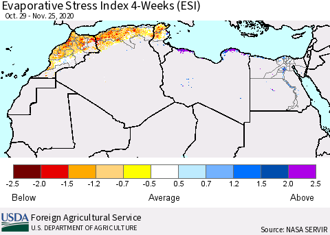 North Africa Evaporative Stress Index (ESI), 4-Weeks Thematic Map For 11/23/2020 - 11/29/2020