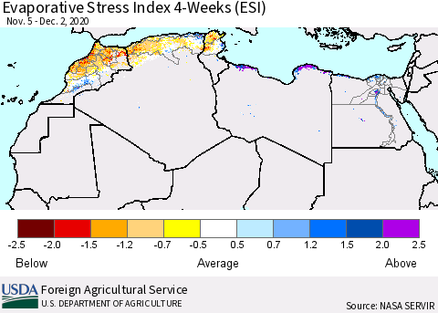 North Africa Evaporative Stress Index (ESI), 4-Weeks Thematic Map For 11/30/2020 - 12/6/2020