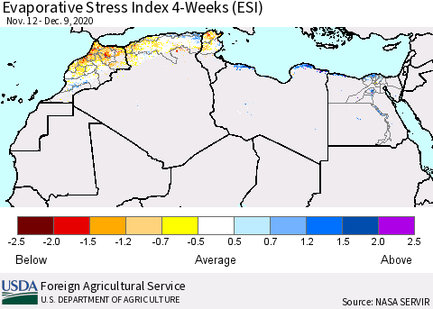 North Africa Evaporative Stress Index (ESI), 4-Weeks Thematic Map For 12/7/2020 - 12/13/2020