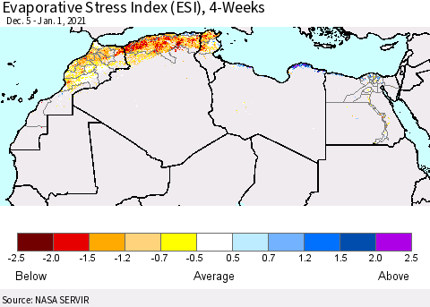 North Africa Evaporative Stress Index (ESI), 4-Weeks Thematic Map For 12/28/2020 - 1/3/2021