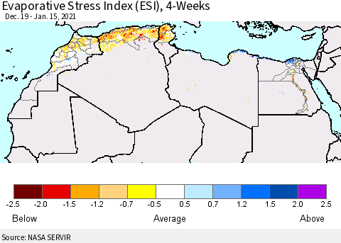 North Africa Evaporative Stress Index (ESI), 4-Weeks Thematic Map For 1/11/2021 - 1/17/2021