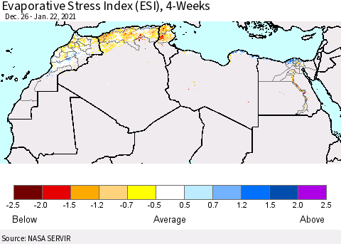 North Africa Evaporative Stress Index (ESI), 4-Weeks Thematic Map For 1/18/2021 - 1/24/2021