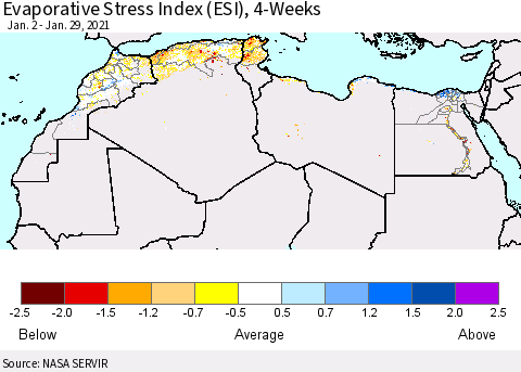 North Africa Evaporative Stress Index (ESI), 4-Weeks Thematic Map For 1/25/2021 - 1/31/2021