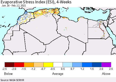 North Africa Evaporative Stress Index (ESI), 4-Weeks Thematic Map For 2/8/2021 - 2/14/2021
