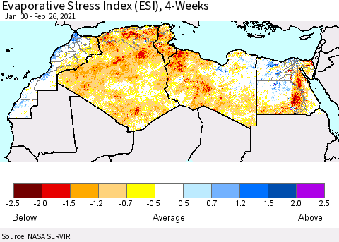 North Africa Evaporative Stress Index (ESI), 4-Weeks Thematic Map For 2/22/2021 - 2/28/2021