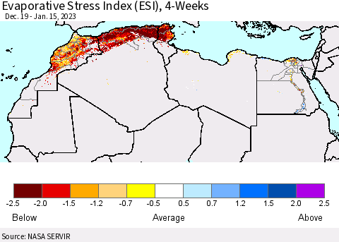 North Africa Evaporative Stress Index (ESI), 4-Weeks Thematic Map For 1/9/2023 - 1/15/2023