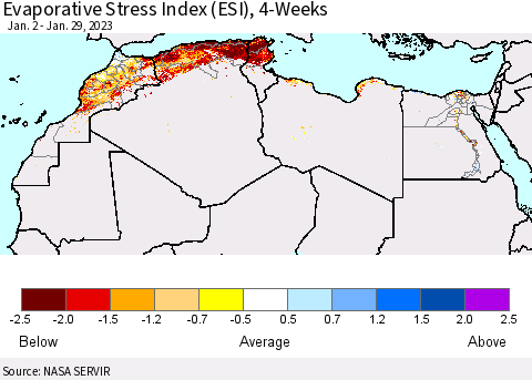 North Africa Evaporative Stress Index (ESI), 4-Weeks Thematic Map For 1/23/2023 - 1/29/2023