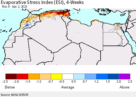 North Africa Evaporative Stress Index (ESI), 4-Weeks Thematic Map For 3/27/2023 - 4/2/2023