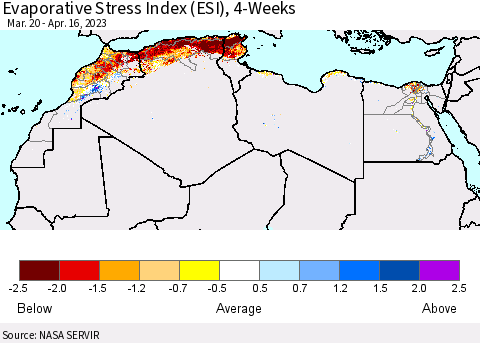 North Africa Evaporative Stress Index (ESI), 4-Weeks Thematic Map For 4/10/2023 - 4/16/2023