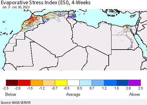 North Africa Evaporative Stress Index (ESI), 4-Weeks Thematic Map For 7/24/2023 - 7/30/2023