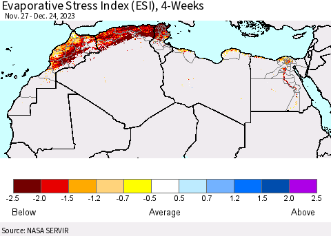 North Africa Evaporative Stress Index (ESI), 4-Weeks Thematic Map For 12/18/2023 - 12/24/2023