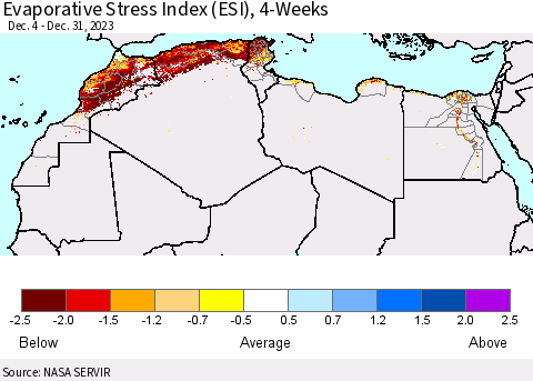 North Africa Evaporative Stress Index (ESI), 4-Weeks Thematic Map For 12/25/2023 - 12/31/2023