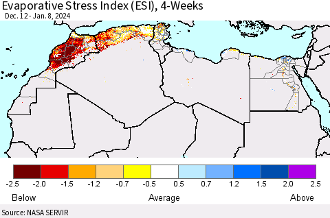 North Africa Evaporative Stress Index (ESI), 4-Weeks Thematic Map For 1/8/2024 - 1/14/2024