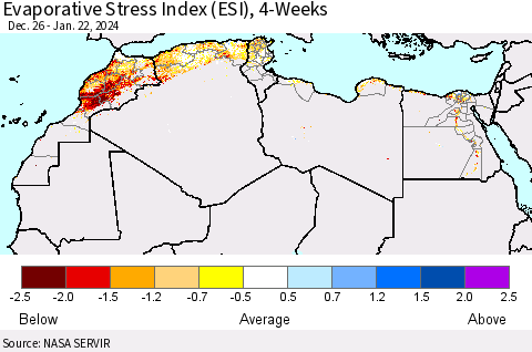 North Africa Evaporative Stress Index (ESI), 4-Weeks Thematic Map For 1/22/2024 - 1/28/2024