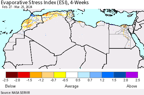 North Africa Evaporative Stress Index (ESI), 4-Weeks Thematic Map For 3/25/2024 - 3/31/2024