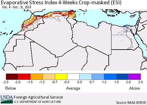North Africa Evaporative Stress Index (ESI), 4-Weeks over Croplands Thematic Map For 12/31/2018 - 1/6/2019
