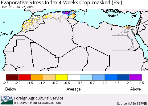 North Africa Evaporative Stress Index (ESI), 4-Weeks over Croplands Thematic Map For 1/21/2019 - 1/27/2019