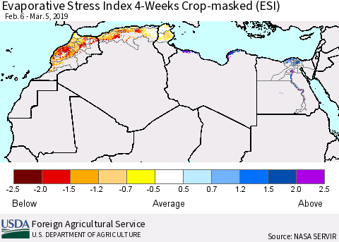 North Africa Evaporative Stress Index (ESI), 4-Weeks over Croplands Thematic Map For 3/4/2019 - 3/10/2019