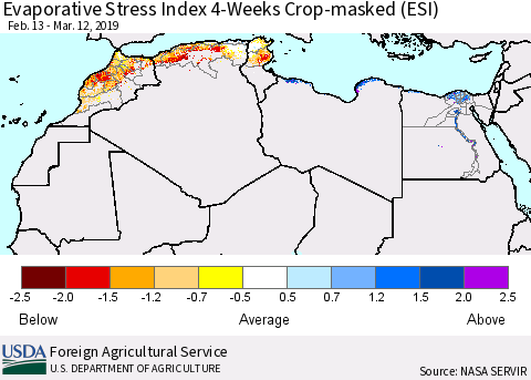 North Africa Evaporative Stress Index (ESI), 4-Weeks over Croplands Thematic Map For 3/11/2019 - 3/17/2019