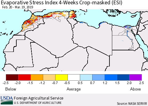 North Africa Evaporative Stress Index (ESI), 4-Weeks over Croplands Thematic Map For 3/18/2019 - 3/24/2019