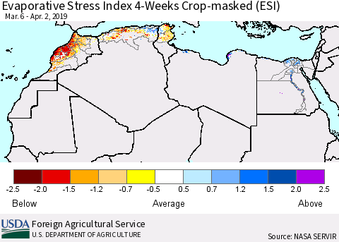 North Africa Evaporative Stress Index (ESI), 4-Weeks over Croplands Thematic Map For 4/1/2019 - 4/7/2019