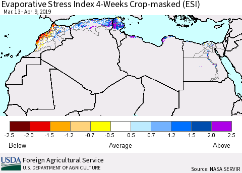 North Africa Evaporative Stress Index (ESI), 4-Weeks over Croplands Thematic Map For 4/8/2019 - 4/14/2019