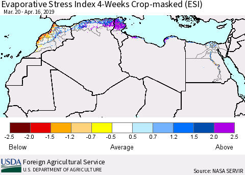 North Africa Evaporative Stress Index (ESI), 4-Weeks over Croplands Thematic Map For 4/15/2019 - 4/21/2019