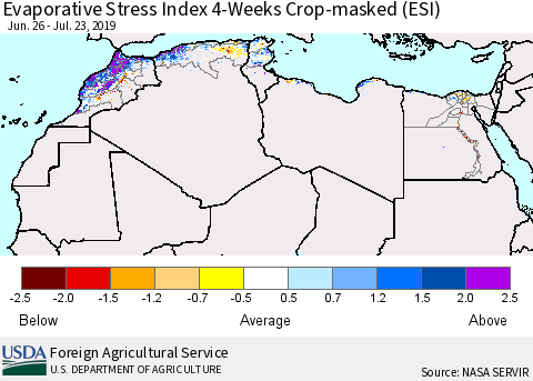 North Africa Evaporative Stress Index (ESI), 4-Weeks over Croplands Thematic Map For 7/22/2019 - 7/28/2019