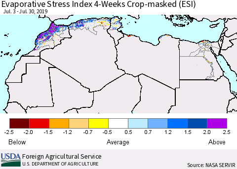 North Africa Evaporative Stress Index (ESI), 4-Weeks over Croplands Thematic Map For 7/29/2019 - 8/4/2019
