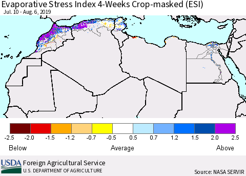 North Africa Evaporative Stress Index (ESI), 4-Weeks over Croplands Thematic Map For 8/5/2019 - 8/11/2019